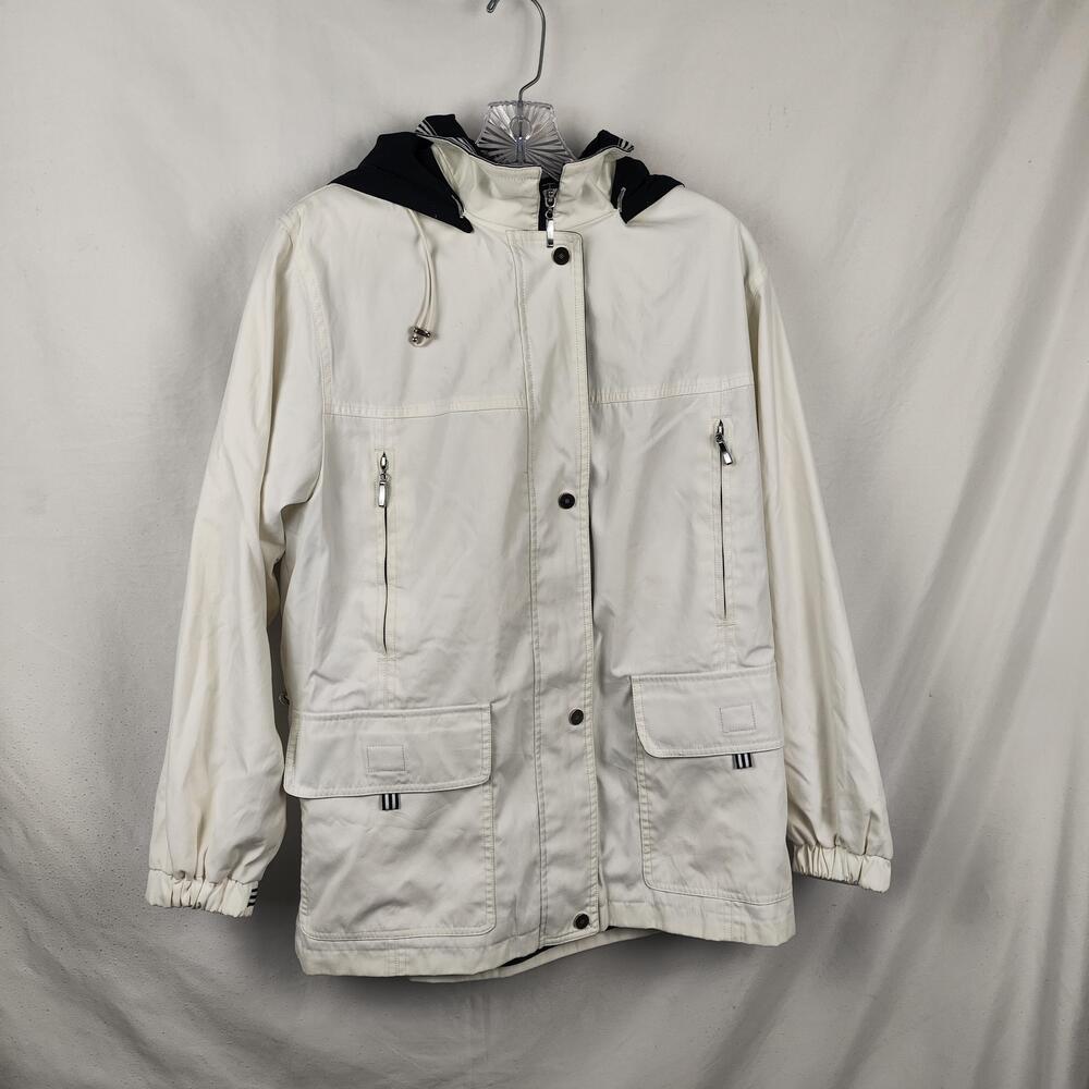 Gallery Coat Womens Medium White Hooded Mid Length Rain Zip Pockets Lined
